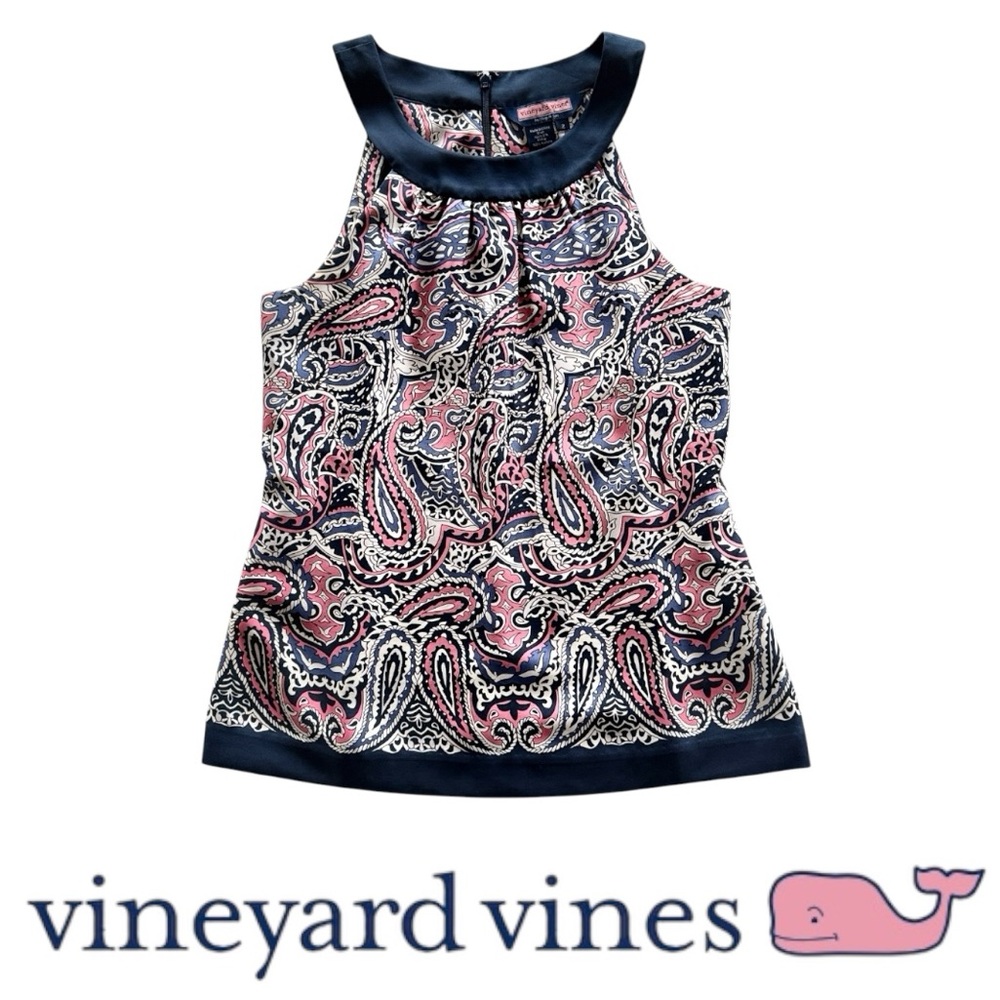 Vineyard Vines Blue Pink 100% Silk Halter Neck Top Paisley Contrasting Trim Sz 2